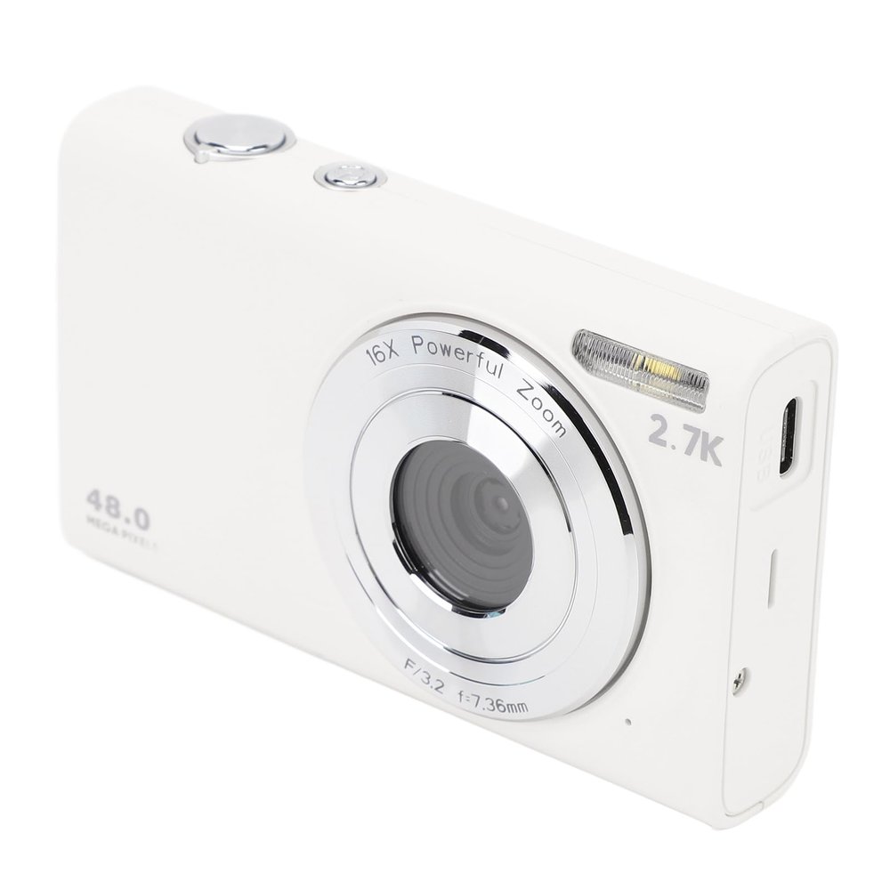 Digital Camera, 2.7K 48MP Digital Point and Shoot Camera with 16X Zoom, 2.8in Display, Auto Focus Anti Shake Vlogging Camera with Flash and Timer for Selfie Travels (White)