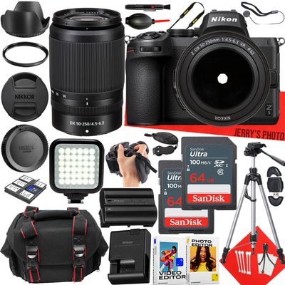Nikon Z5 Mirrorless Camera with Nikon NIKKOR Z DX 50-250mm f/4.5-6.3 VR Lens + 2pc 64 GB Memory + LED Light + Camera Case + Tripod + More (27pc Bundle) (Renewed)