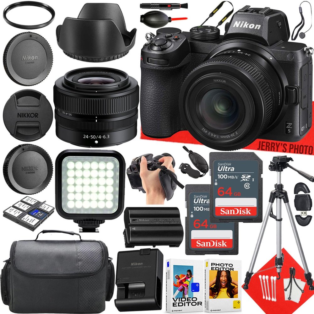 Nikon Z5 Mirrorless Camera with Nikon NIKKOR Z 24-50mm f/4-6.3 Lens + 2pc 64 GB Memory + LED Light + Camera Case + Tripod + More (27pc Bundle) (Renewed)