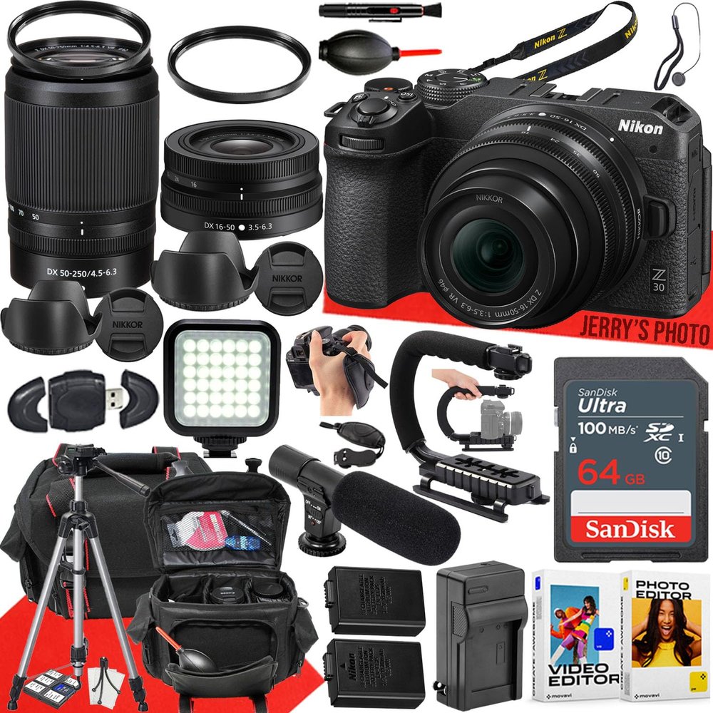 Nikon Z30 Mirrorless Camera with Nikon NIKKOR Z DX 16-50mm f/3.5-6.3 VR and NIKKOR Z DX 50-250mm f/4.5-6.3 VR Lens + 64 GB Memory + Video LED Light + Mic + More (32pc Bundle) (Renewed)