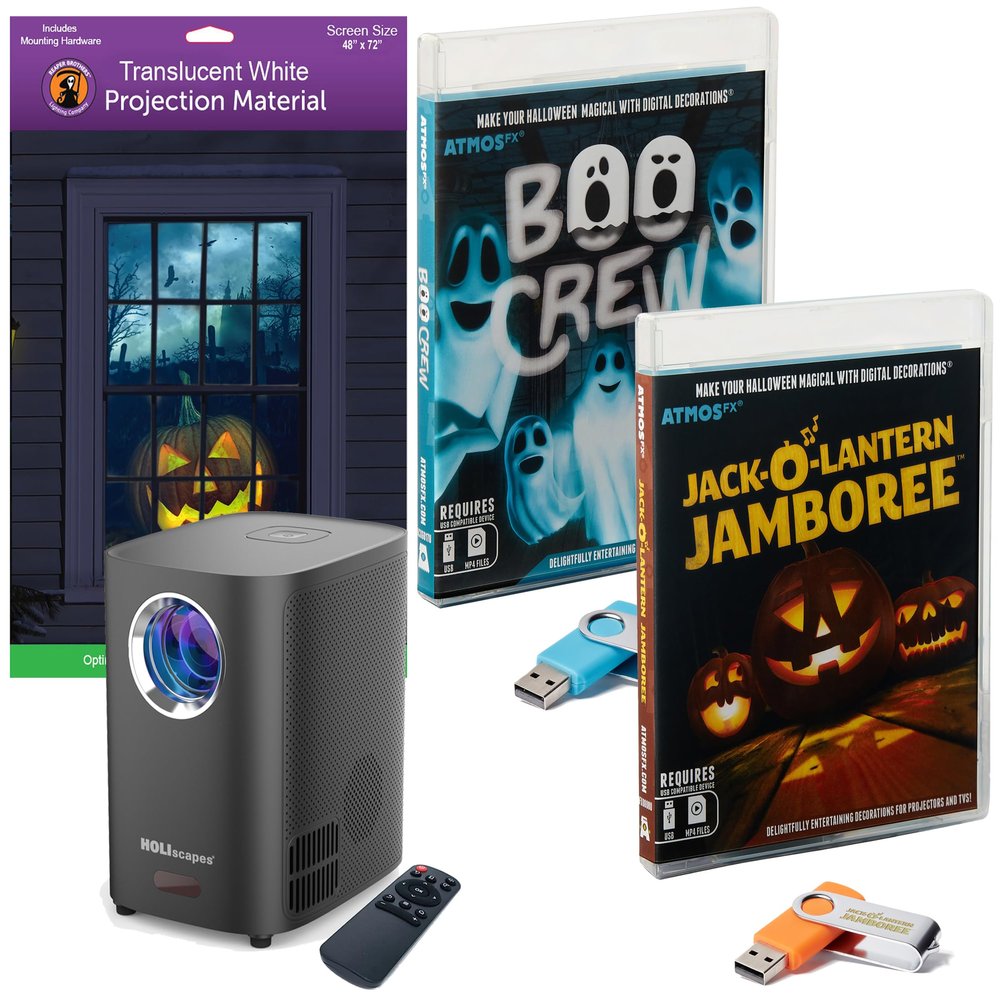 HoliScapes USB Projector Kit - AtmosFx Boo Crew plus Jack-O-Lantern Jamboree on USB + Projector + 48" x 72" Large White Holographic Screen for Halloween Projection