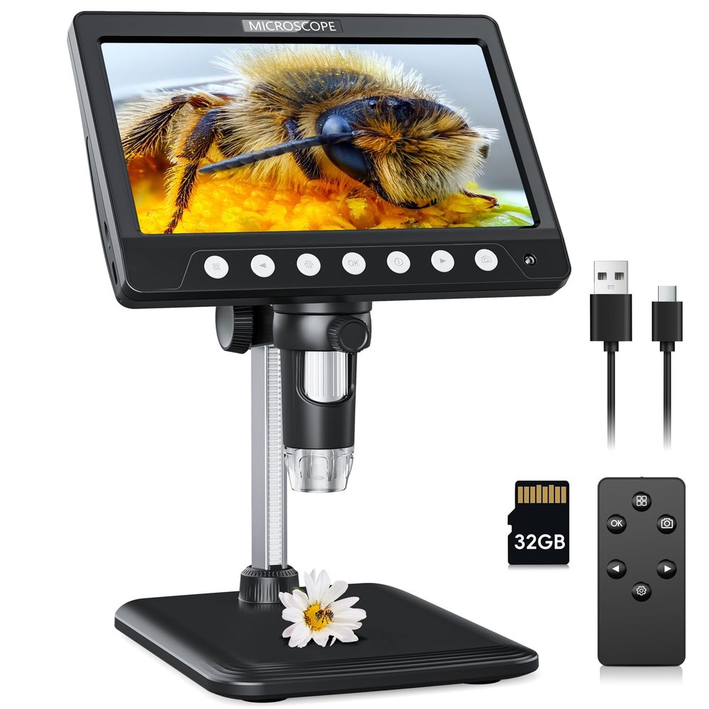 7" Digital Microscope for Adults, SKYEAR Coin Microscope 1200X Magnification with 8 Ajustable LED Fill Lights and 32GB Card, USB Microscope for Windows/MacOS, Coin Collection Supplies