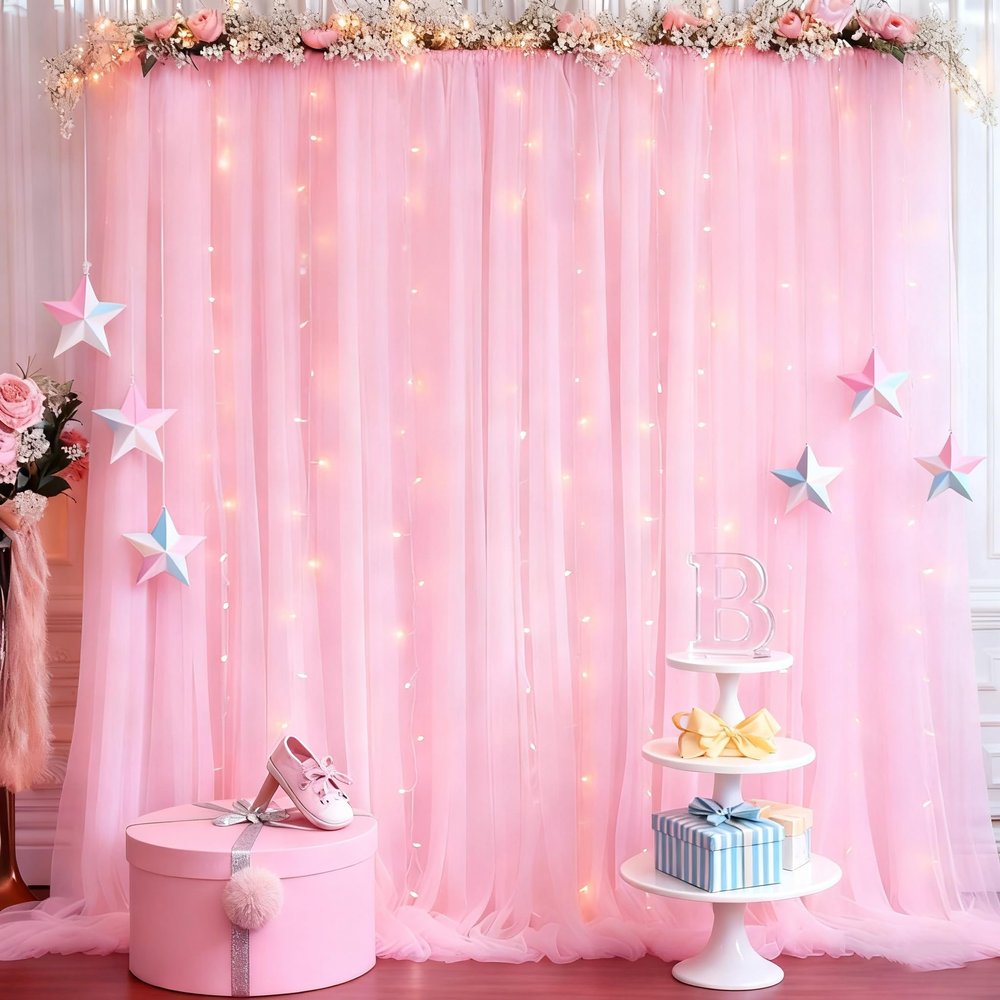10x8ft Baby Pink Tulle Backdrop Curtain with Lights String for Parites, Sheer Photo Backdrop Curtains with Lights for Wedding Backdrop Ceremony Reception Bridal Shower Baby Shower Birthday Party