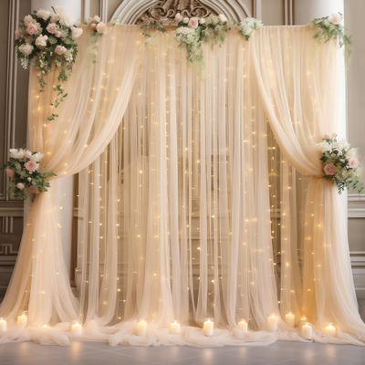 30x8ft Champagne Tulle Backdrop Curtain with Lights String for Parites, Sheer Photo Backdrop Curtains with Lights for Wedding Backdrop Ceremony Reception Bridal Shower Baby Shower Birthday Party