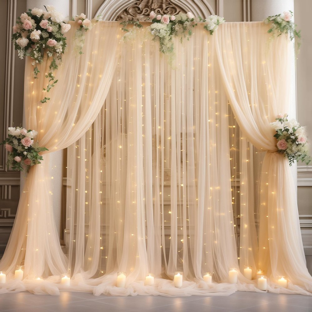 30x8ft Champagne Tulle Backdrop Curtain with Lights String for Parites, Sheer Photo Backdrop Curtains with Lights for Wedding Backdrop Ceremony Reception Bridal Shower Baby Shower Birthday Party