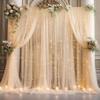 30x8ft Champagne Tulle Backdrop Curtain with Lights String for Parites, Sheer Photo Backdrop Curtains with Lights for Wedding Backdrop Ceremony Reception Bridal Shower Baby Shower Birthday Party view 1