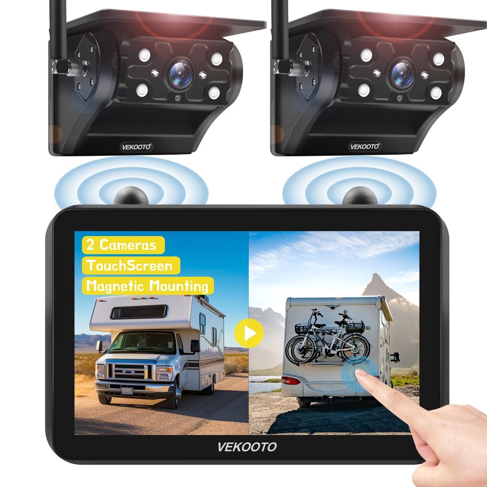 VEKOOTO VK7 2 Magnetic Solar Wireless Backup Camera with 7'' IPS Touchscreen, 15,000mAh Rechargeable, No Wiring, HD1080P Night Vision Wireless Backup Camera for Trucks, RV, Trailer, Camper