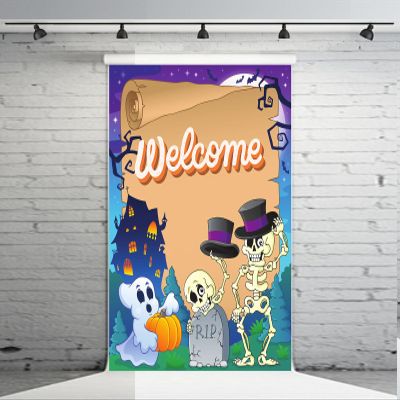 CHNYWORK 5x7ft Halloween Welcome Backdrop Cartoon Skeleton Haunted House Ghost RIP Tombstone Full Moon Bats Background Halloween Night Zombie Monster Kids Birthday Party Decor Photo Booth Props
