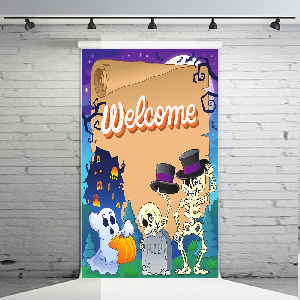 CHNYWORK 5x7ft Halloween Welcome Backdrop Cartoon Skeleton Haunted House Ghost RIP Tombstone Full Moon Bats Background Halloween Night Zombie Monster Kids Birthday Party Decor Photo Booth Props