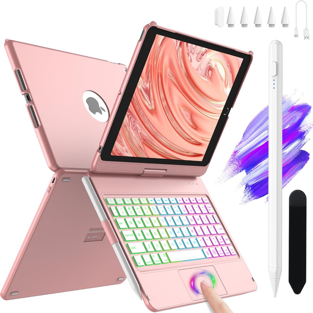 aMZCaSE Keyboard Case for iPad 9th/8th/7th Generation(10.2",2021),10 Color Backlight,360 Slim Cover Bundle with Pencil for Apple ipad(Pen Compatible with 2018-2024)