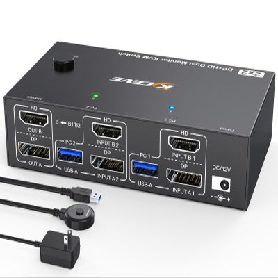 4K@144Hz KVM Switch 2 Monitors 2 Computers 8K@60Hz, MLEEDA HDMI and Displayport Dual Monitor KVM Switch with 4 USB 3.0 Port for Keyboard Mouse Printer, with Wired Remote, Power Adapter and USB Cables