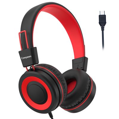 Cowyawn USB Type C Kids Headphones for School, Wired Toddler Headphones, 94dB Volume Limited, HD Stereo Sound, Foldable Lightweight On-Ear Wired Headphones for Kids/Children/Teens/Boys (Red Black)