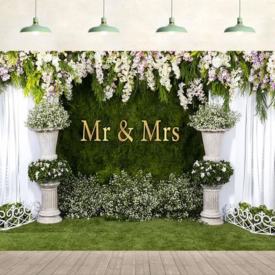15x10ft Wedding Backdrop Mr and Mrs Greenery Grass White Curtain Flowers Bridal Background Wedding Party Supplies Engagement Wall Banner Adult Portrait Decoration Photography Photo Studio Props