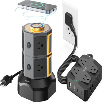 SUPERDANNY Power Strip Tower with 15W Wireless Charger, 6.5Ft Retractable Extension Cord, 1050J Surge Protector, Desktop Charging Station with 8 Outlets 4 USB Ports(2 USB C) for Home, Office, Garage