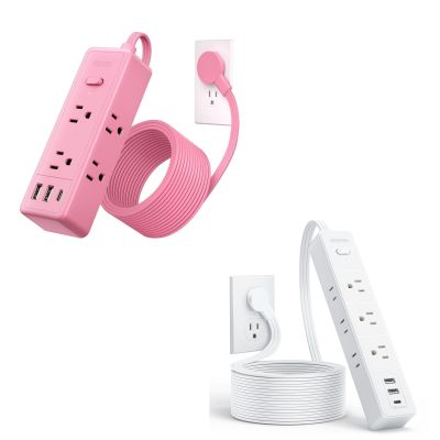 NTONPOWER Pink Extension Cord 10 ft, 1080 Joules Surge Protector Power Strip + NTONPOWER Flat Extension Cord 10 ft, 1080J Surge Protector with Long Cord, 6 Outlets and 3 USB Ports(1 USB C)