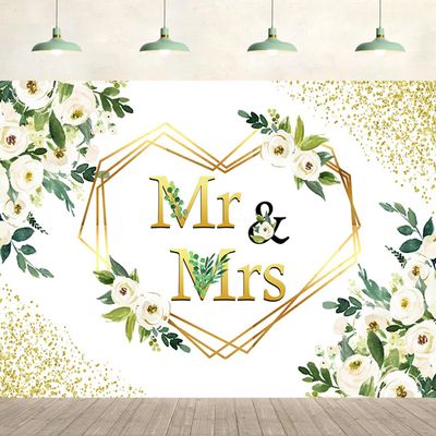 10x6.5ft Wedding Backdrop Mr and Mrs White Flowers Green Leaves Heart Bridal Background Wedding Party Supplies Engagement Glitter Spots Wall Banner Decoration Photography Photo Studio Props