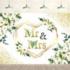 10x6.5ft Wedding Backdrop Mr and Mrs White Flowers Green Leaves Heart Bridal Background Wedding Party Supplies Engagement Glitter Spots Wall Banner Decoration Photography Photo Studio Props view 1