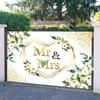 10x6.5ft Wedding Backdrop Mr and Mrs White Flowers Green Leaves Heart Bridal Background Wedding Party Supplies Engagement Glitter Spots Wall Banner Decoration Photography Photo Studio Props view 4