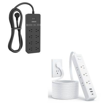 25 ft Extension Cord Flat Plug, NTONPOWER 8 Outlet Surge Protector Power Strip with USB Ports + NTONPOWER Flat Extension Cord 15 ft, 1080J Surge Protector with Long Cord