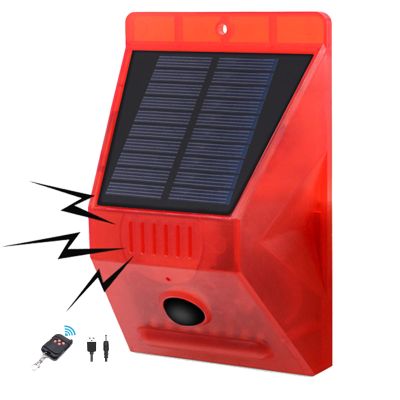 Solar Outdoor Motion Sensor Alarm - 129db Siren Noise Generator with Dog Barking and Gunshot, 4 Working Modes Strobe Light with Remote Control for Family Villa Yard Farm (1)