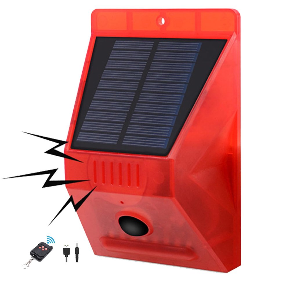 Solar Outdoor Motion Sensor Alarm - 129db Siren Noise Generator with Dog Barking and Gunshot, 4 Working Modes Strobe Light with Remote Control for Family Villa Yard Farm (1)