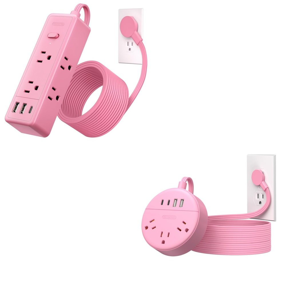 NTONPOWER Pink Extension Cord 5 ft, 1080 Joules Surge Protector Power Strip + NTONPOWER Pink Extension Cord 10 ft, Flat Plug Power Strip with 2 USB-C & 2 USB-A