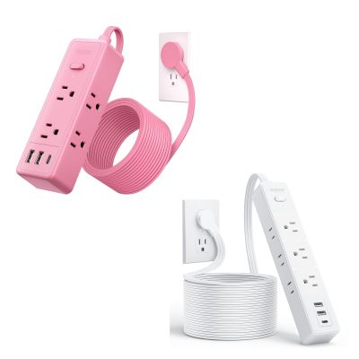 NTONPOWER Pink Extension Cord 10 ft, 1080 Joules Surge Protector Power Strip with 6 Widely Outlets 3 USB (1 USB C) + NTONPOWER Flat Extension Cord 15 ft, 1080J Surge Protector with Long Cord