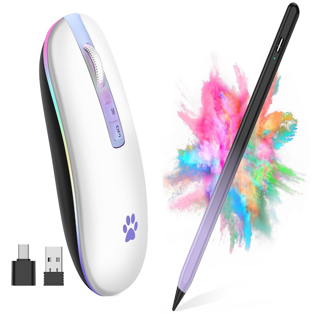 2.4G Rechargeable Wireless Mouse, 7 Color Breathing Lights Computer Mouse (Ivory White) Bundle with Stylus Pen for iPad, Apple Pencil for iPad 2018-2023 with Palm Rejection (Black and Purple)