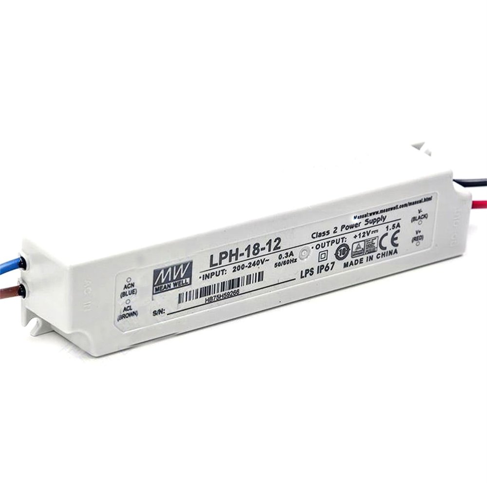 DynMach LPH-18-12 18W 12V 1.5A Compact Waterproof IP67 AC-DC Power Supply, UL and TUV Certified, High Reliability for LED Lighting Applications