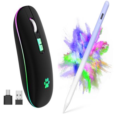 2.4G Rechargeable Wireless Mouse, 7 Color Breathing Lights Computer Mouse (Black-Black Nose) Bundle with Stylus Pen for iPad, Apple Pencil for iPad 2018-2023 with Palm Rejection (Sky Grey)