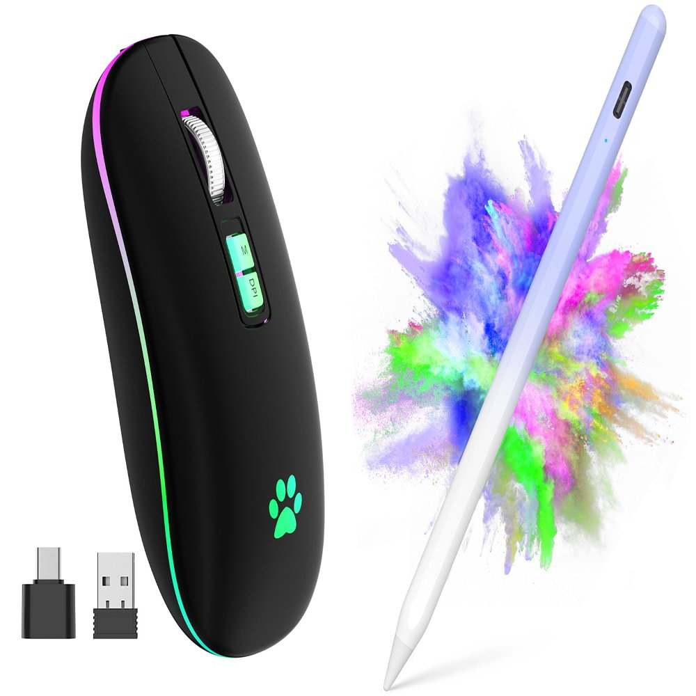 2.4G Rechargeable Wireless Mouse, 7 Color Breathing Lights Computer Mouse (Black-Black Nose) Bundle with Stylus Pen for iPad, Apple Pencil for iPad 2018-2023 with Palm Rejection (Sky Grey)