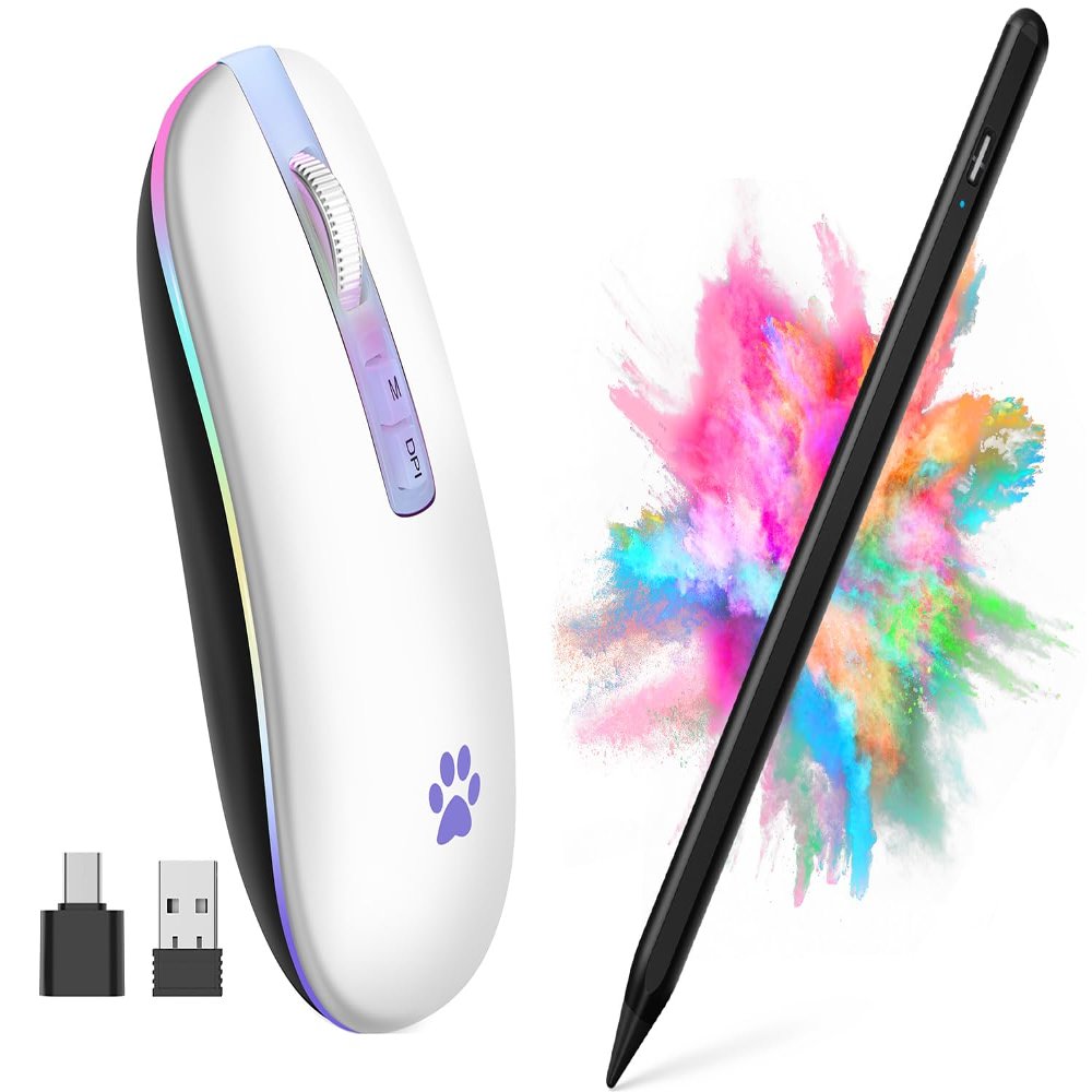2.4G Rechargeable Wireless Mouse, 7 Color Breathing Lights Computer Mouse (Ivory White) Bundle with Stylus Pen for iPad, Apple Pencil for iPad 2018-2023 with Palm Rejection (Black)