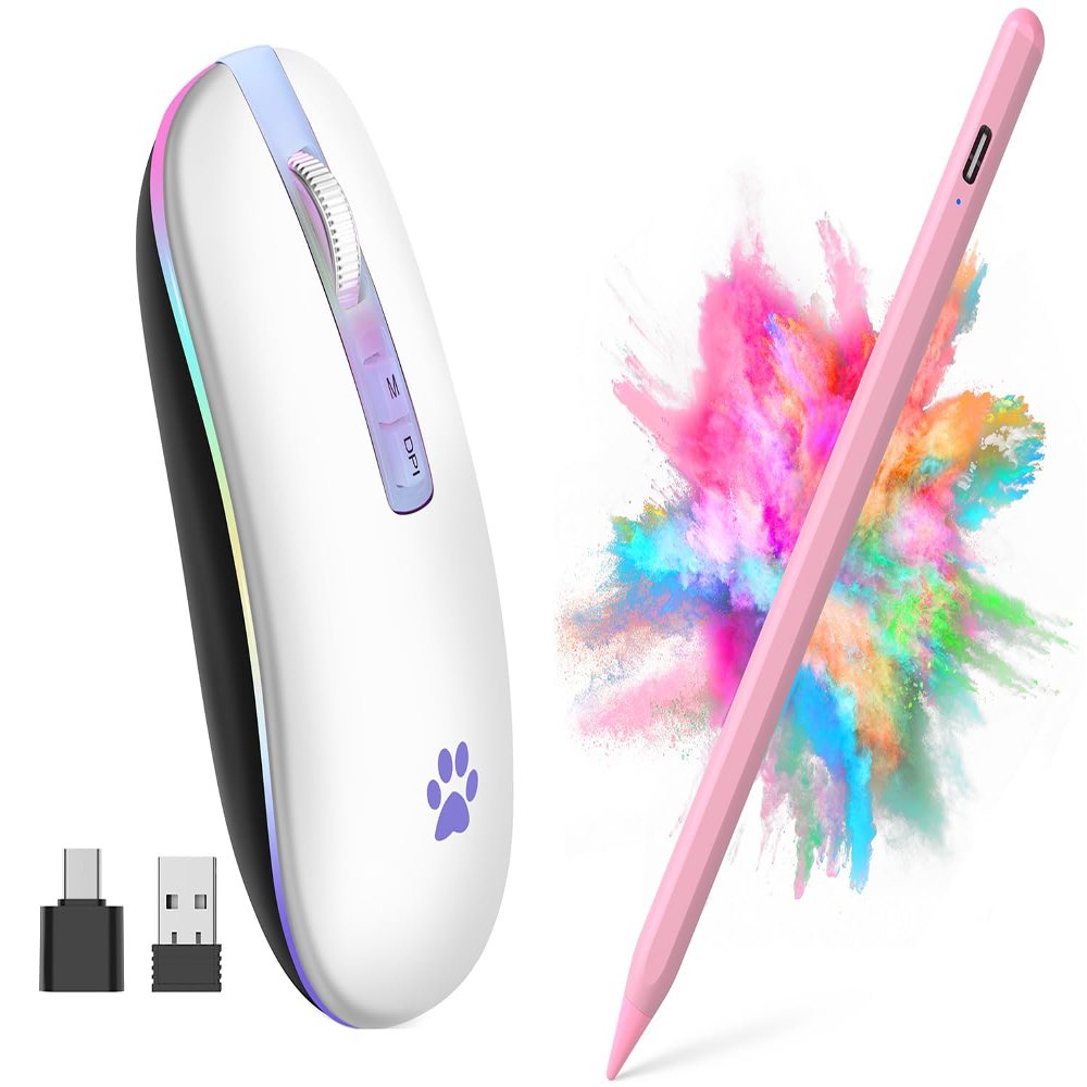 2.4G Rechargeable Wireless Mouse, 7 Color Breathing Lights Computer Mouse (Ivory White) Bundle with Stylus Pen for iPad, Apple Pencil for iPad 2018-2023 with Palm Rejection (Pink)
