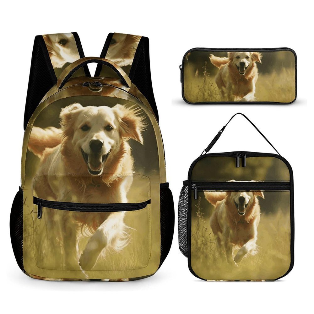 KLWQR Dog Running on The Grass Backpack for Women Men Lightweight Waterproof Backpack Set With Lunch Box Pencil Case Travel Laptop Backpack Casual Daypacks