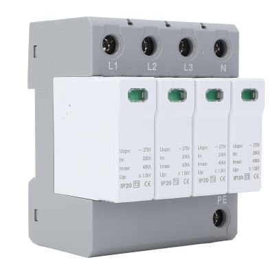 4 P Protective Device, Photovoltaic Low Voltage Arrester with 40 KA AC275 V, Overcurrent Guard and Overvoltage Guard, Flame Retardant PC Material, Mounting Rail Installation, 35mm
