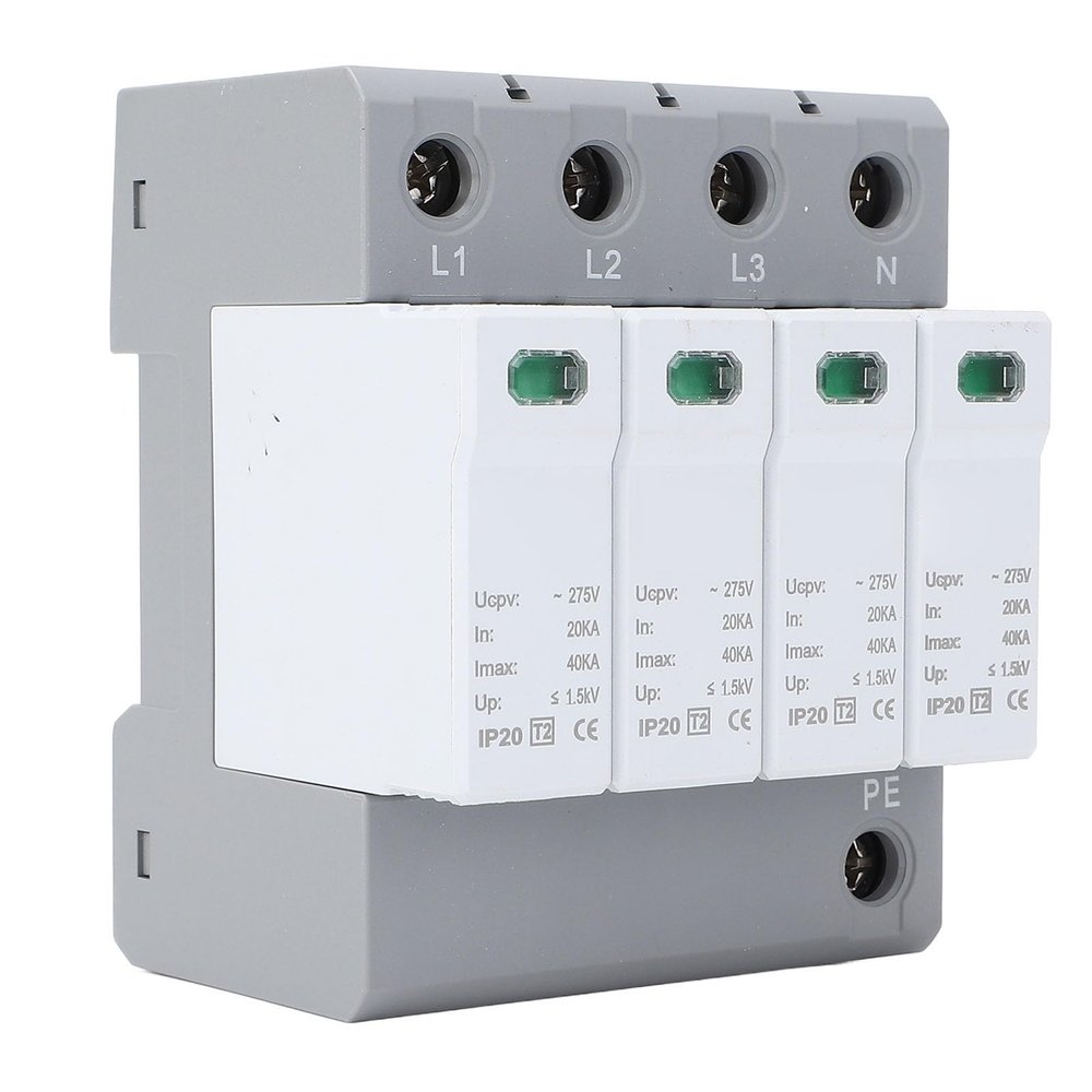 4 P Protective Device, Photovoltaic Low Voltage Arrester with 40 KA AC275 V, Overcurrent Guard and Overvoltage Guard, Flame Retardant PC Material, Mounting Rail Installation, 35mm
