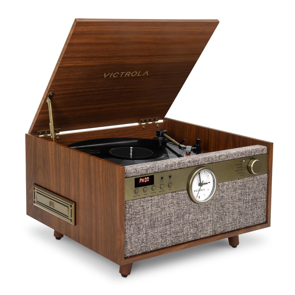 Victrola Century Signature+  6-in-1 Vinyl Record Player & Music Center - 3-Speed Turntable, CD & Cassette, VINYLSTREAM, Bluetooth & 3.5mm Aux, Record Player with Speakers, 18" Legs (Walnut)