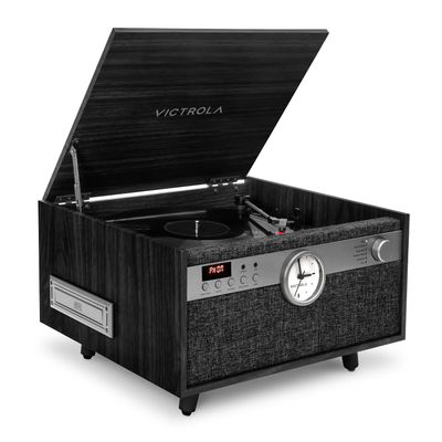 Victrola Century Signature+ 6-in-1 Vinyl Record Player & Music Center - 3-Speed Turntable, CD & Cassette, VINYLSTREAM, Bluetooth & 3.5mm Aux, Record Player with Speakers, 18" Legs (Black)