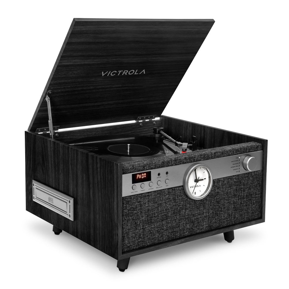 Victrola Century Signature+ 6-in-1 Vinyl Record Player & Music Center - 3-Speed Turntable, CD & Cassette, VINYLSTREAM, Bluetooth & 3.5mm Aux, Record Player with Speakers, 18" Legs (Black)