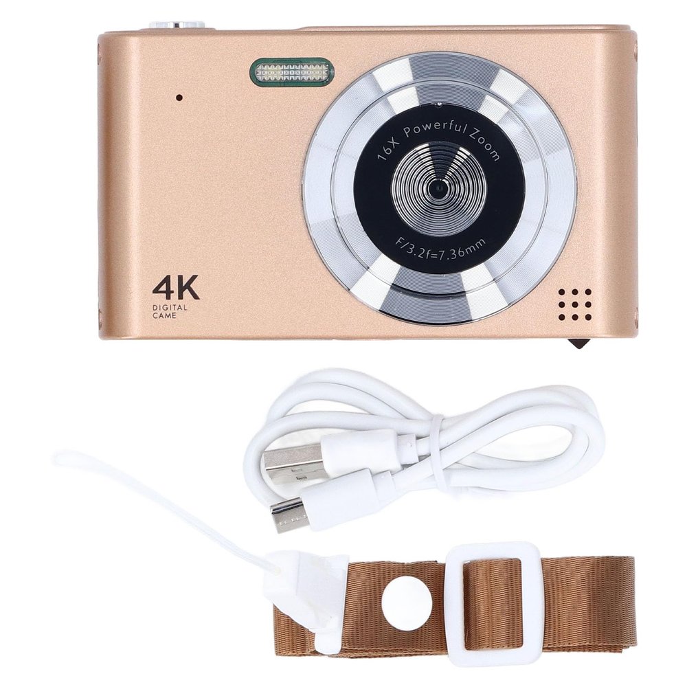 4K Digital Camera, Autofocus Vlogging Camera 16X Zoom 48MP HD Compact Travel Camera Type C Charging with LED Flashlight for Photography (Golden)