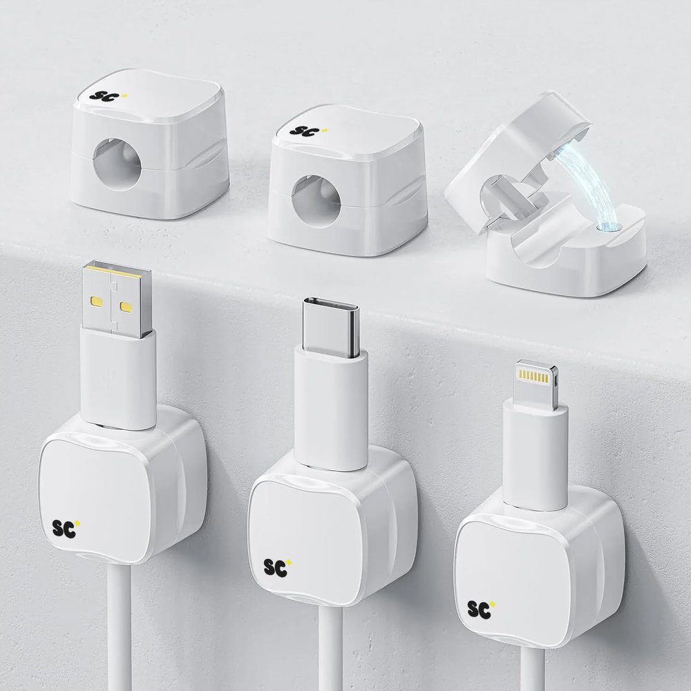 SC+ 6 Pack Magnetic Cable Clips  Cord Holder Under Desk  Cord Management for Home Office Desk  Phone  Car  Wall  Desktop  Nightstand  Premium Cable Holder (White)