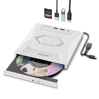 Alxum USB DVD Drive External - Type-C USB 3.0 CD Burner with SD Slot & USB Ports DVD 8X CD 24X Super Fast Speed DVD Player for Laptop/PC/Window/Mac OS/Linux/Vista