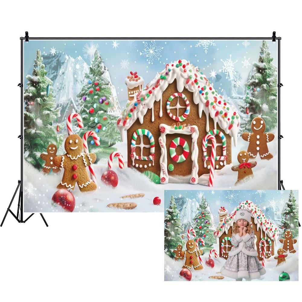 Renaiss 10x8ft Christmas Gingerbread House Backdrop Winter Candy House Snowflakes Xmas Tree Gift Xmas Scene Photography Background for Holiday Family Adults Kids Decor Photo Booth Props