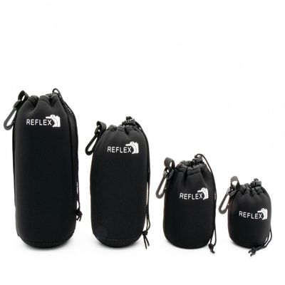 REFLEX CAMERA Drawstring Camera Lens Pouches 4 Pack (S/M/L/XL) Thick Padded Pouch Set for Maximum Protection Waterproof Shockproof Dust Resistant Neoprene Cases for Canon, Nikon, Pentax, Sony, Olympus