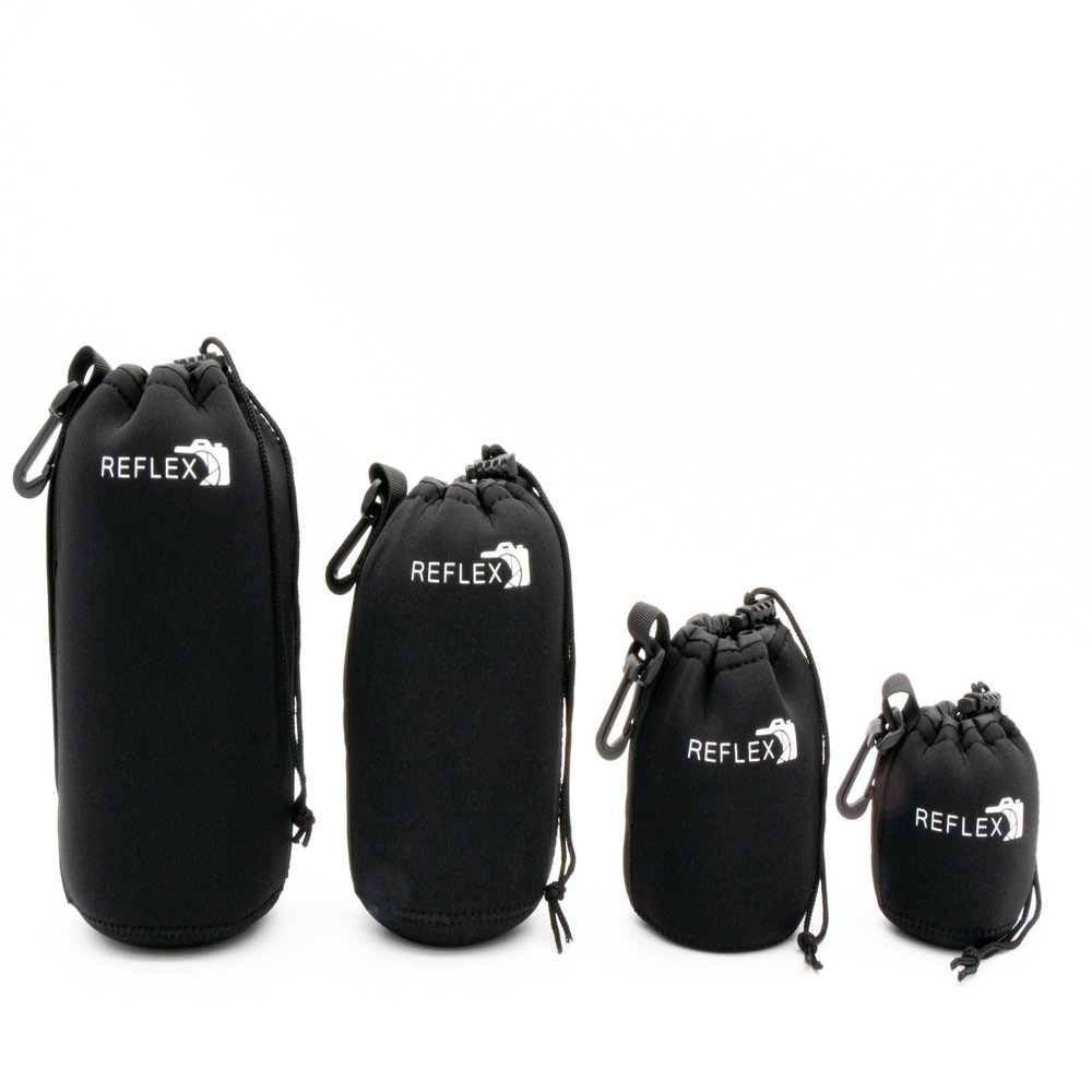 REFLEX CAMERA Drawstring Camera Lens Pouches 4 Pack (S/M/L/XL) Thick Padded Pouch Set for Maximum Protection Waterproof Shockproof Dust Resistant Neoprene Cases for Canon, Nikon, Pentax, Sony, Olympus