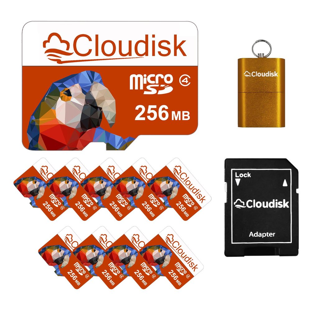 Cloudisk Pack of 10 Parrot-Prime Micro SD Card 256MB not 256GB Small Capacity Memory Card C4 with Adapter, Card Reader (256MB)