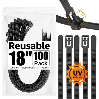 SOOOEC 100 Pack Reusable Zip Ties 18 inch Heavy Duty Outdoor UV Resistant, Releasable Black Zip Ties Heavy Duty Indoor Round Ending No Hurt, Cable Ties Reusable Tie Wraps Non Slip Off