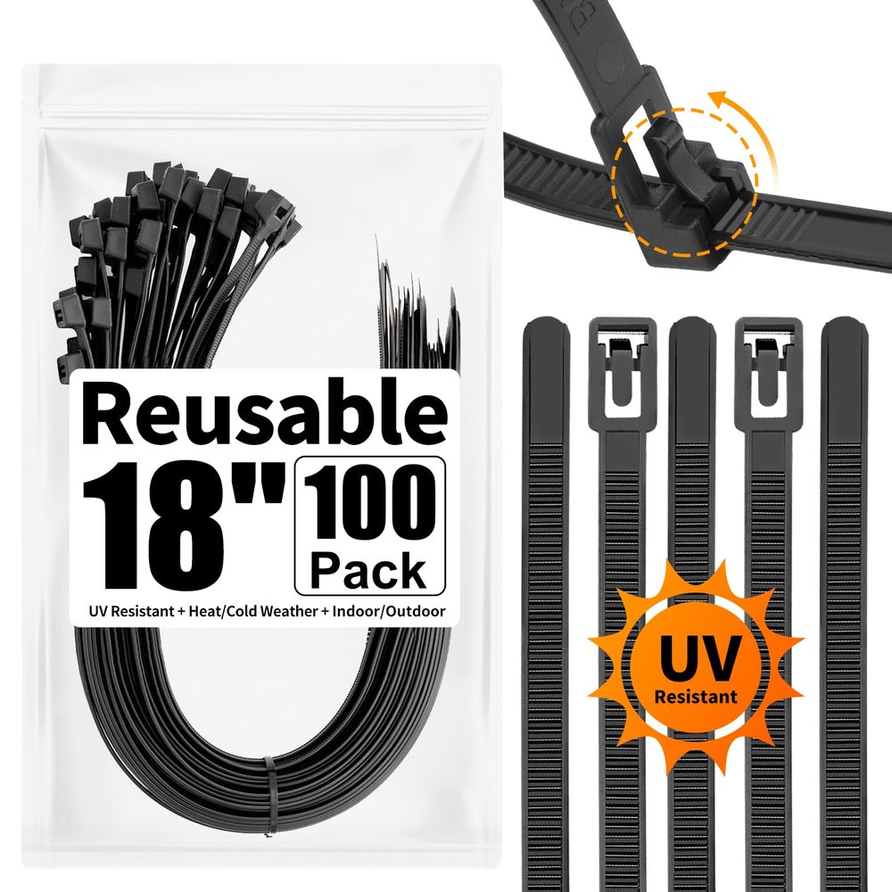 SOOOEC 100 Pack Reusable Zip Ties 18 inch Heavy Duty Outdoor UV Resistant, Releasable Black Zip Ties Heavy Duty Indoor Round Ending No Hurt, Cable Ties Reusable Tie Wraps Non Slip Off