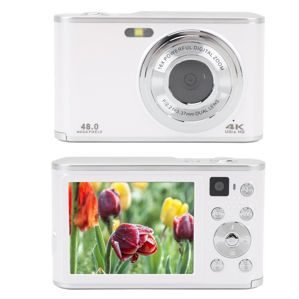2.8 inch Digital Camera, 48MP 4K Compact Small Travel Camera, 16x Digital Zoom Point and Shoot Camera, Dual Lens Design, Autofocus (White)