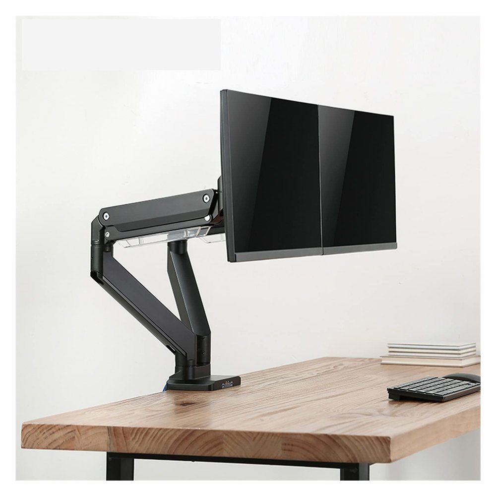 LOVULIFE Monitor Stand Dual Screen Monitor Stand Arm Gas Spring Monitor Arm Mount for 2 LCD Screens Long Arm Monitor Stand Mount with 2 USB Ports, Hold Up to 15kg Monitor Monitor Arm